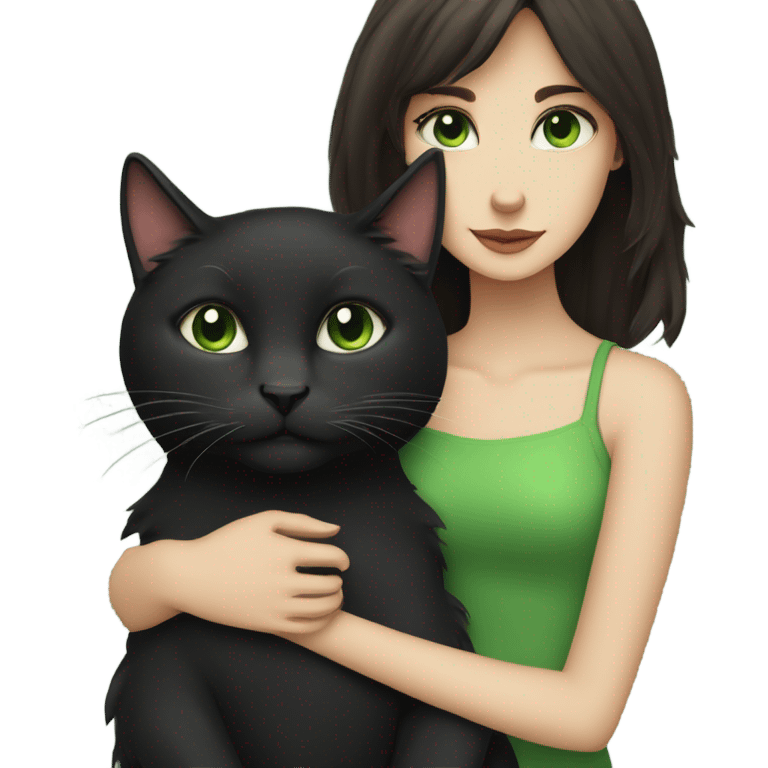 Girl with dark brown hair and fair skin hugging a black medium haired cat with green eyes emoji