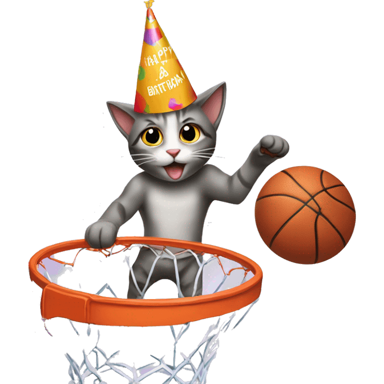 cat wearing a birthday hat dunking a basketball emoji