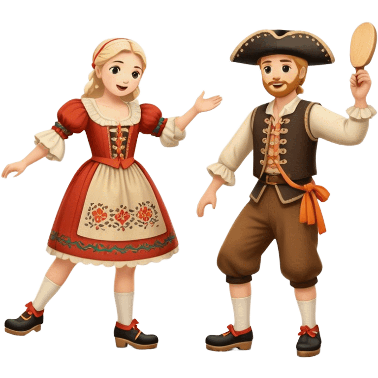 Cinematic Realistic scene of two performers executing the Klompendans, dressed in traditional Dutch costumes complete with wooden clogs and detailed folk patterns, captured in lively motion with soft, natural lighting emoji