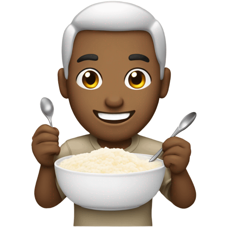 Man with smile eating rice pudding with spoon bowl white rice emoji