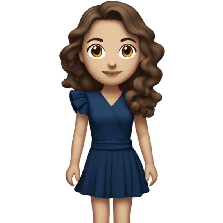 White girl with brown hair dark blue ruffle sleeve wrap dress full body emoji