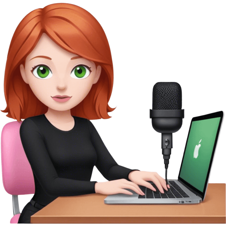 Redhead with green eyes sat at desk with pink MacBook and  podcast microphone black top and pink chair  emoji