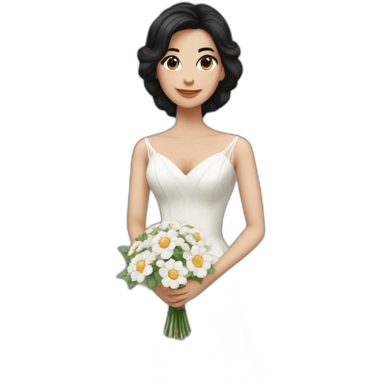 White bride with black hair and a long dress holding a bouquet of flowers emoji