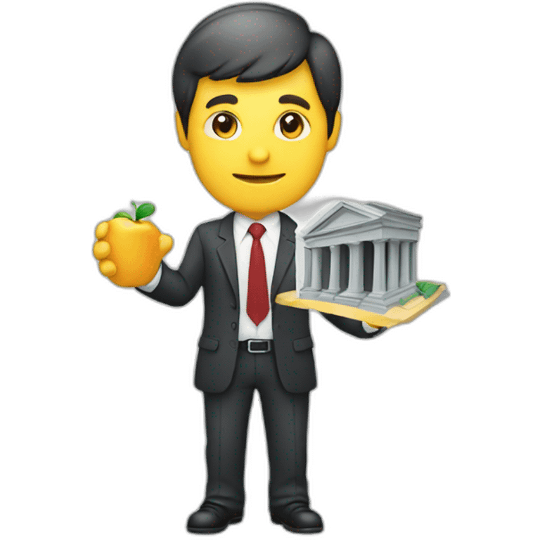 A businessman holding an building in hand emoji