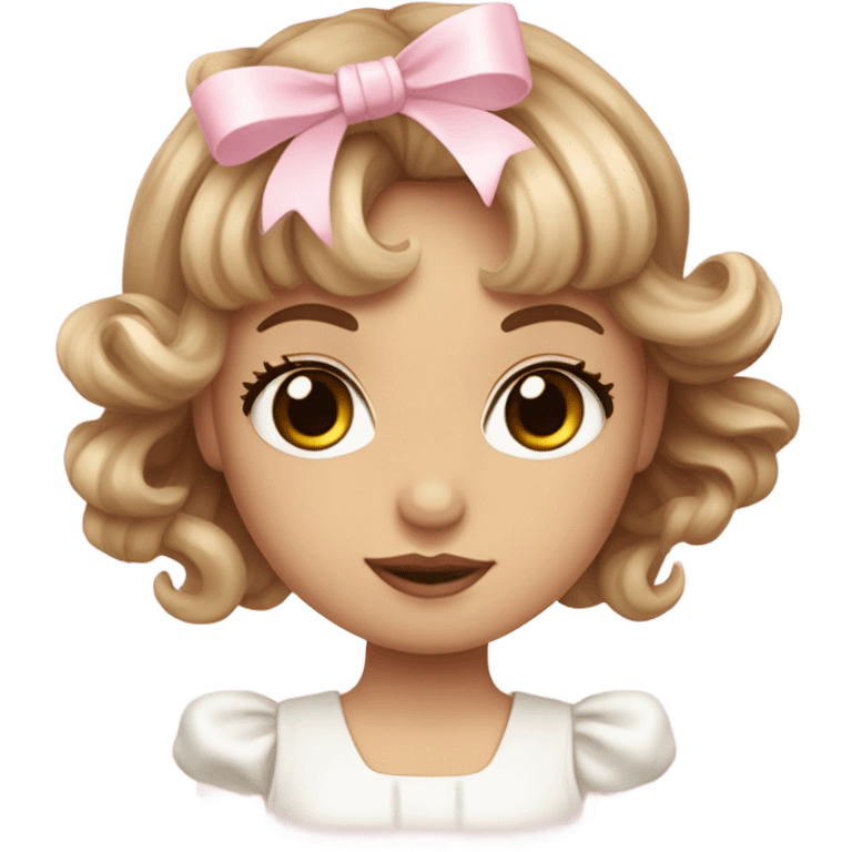 pale girl , who has wavy long length light brown and baby pink swirled hair with bangs , hazel eyes , and doll like makeup , in a withe dress and light pink bow emoji