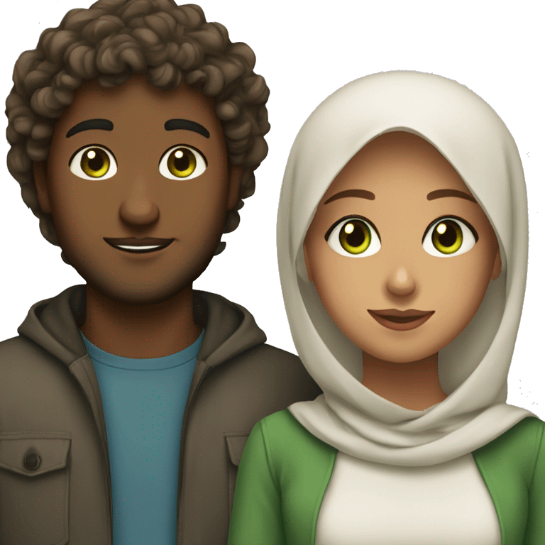 Muslim couple girl with green eyes and a brown skin guy with curly hair  emoji