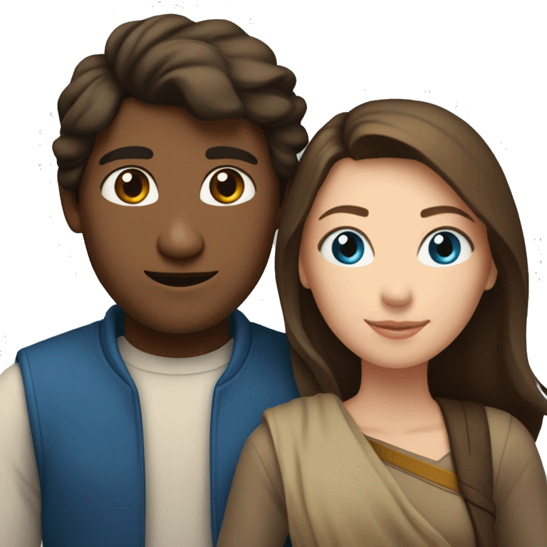 Couple with arms around each other; white woman with blue eyes and brown hair, Indian man with black hair  emoji