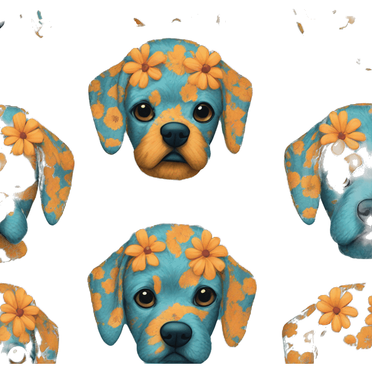 retro groovy hippie trippy floral patterns on a metallic blue dog emoji