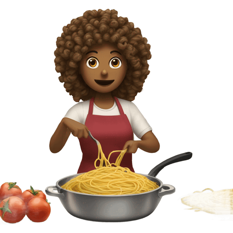 Spaghetti cooking battle teenage girl with curly hair, adult woman with slightly wavy hair  emoji