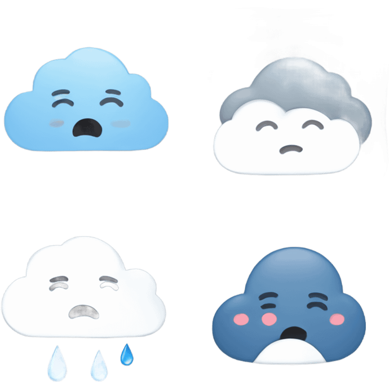 Minimalist depression-themed emoji set with a sad face, rain cloud, broken heart, teardrop, and neutral face with thought bubble in muted gray and blue tones on white. emoji