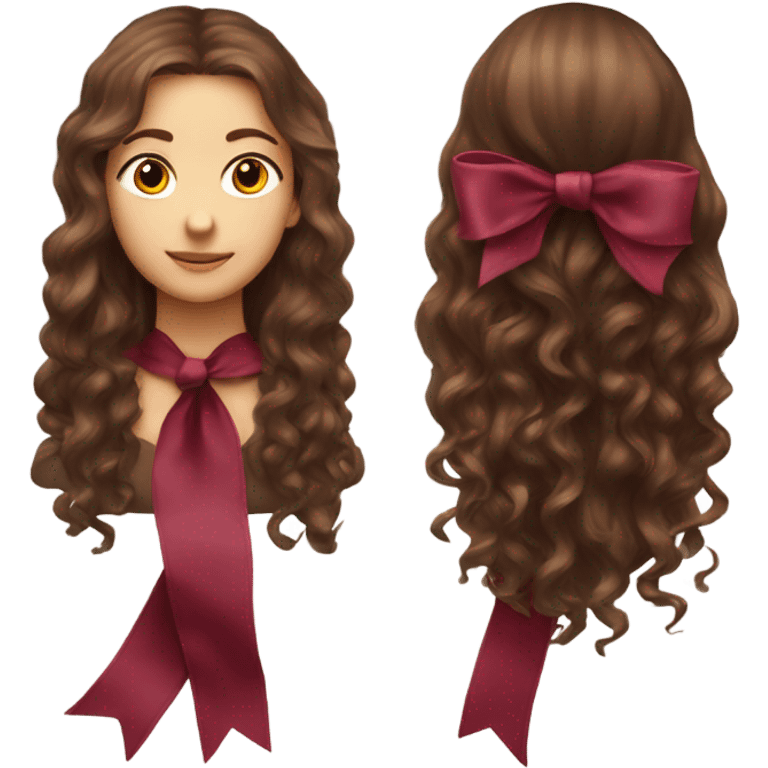 “A back photo of a girl's head with long, gently curly brown hair, wearing a large burgundy ribbon on her hair, and appears only from behind without seeing the face or front details.” emoji