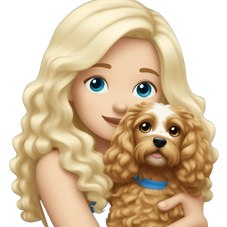 White blond girl with long hair and blue eyes hugging a cavapoo dog emoji