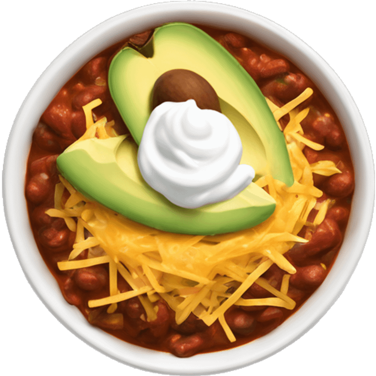 Bowl of chili with shredded cheese, dollop of sour cream and diced avocado on top  emoji