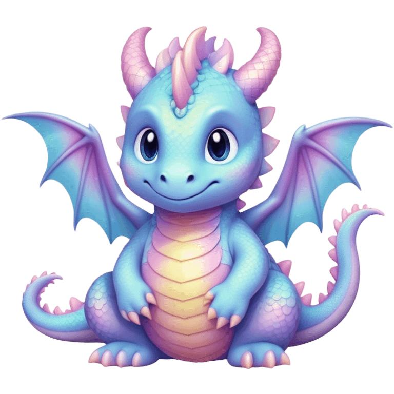 Cinematic fluffy pastel dragon, tiny round wings, chubby feet, sparkling gentle eyes, delicate glowing scales, soft colors blending magically, enchanting and whimsical. emoji