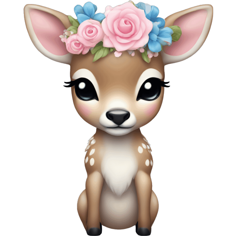 baby deer with closed eyes and flower crown in blue white and pink emoji