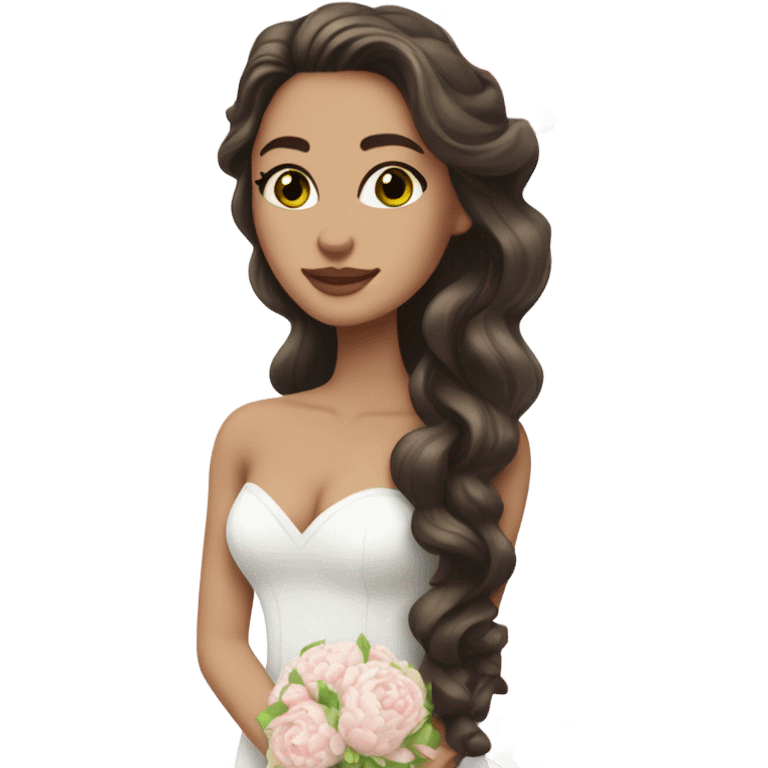 White bride with long wavy brunette hair and green eyes with light pink peonies in hair white skin  emoji