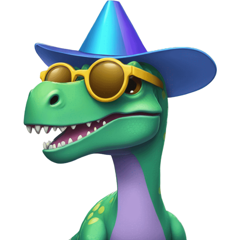 dinosaur partying with party hat and sunglasses emoji