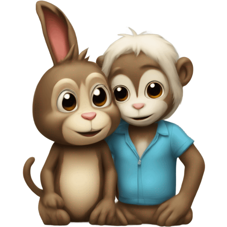 cute bunny and cute monkey kissing  emoji