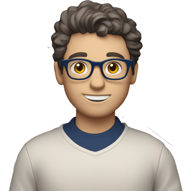 caucasian white boy with dark wavy  hair, blue glasses, and carrying design paper plan because he is an architect carrying a pencil and a set model maquette. wearing a navy blue long sleeve sweater shirt. smart.  emoji