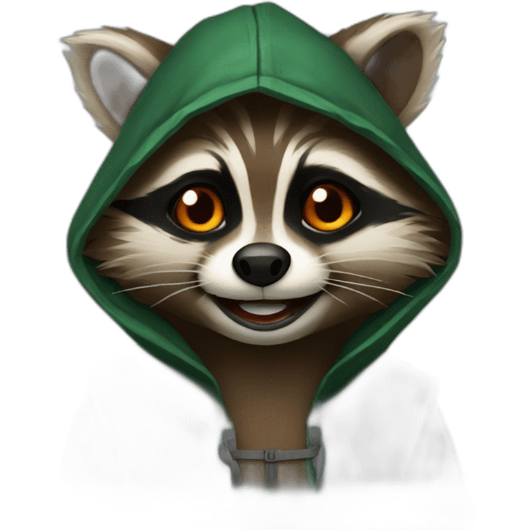 brown raccoon with orange eyes and a dark green hood that is laughing emoji