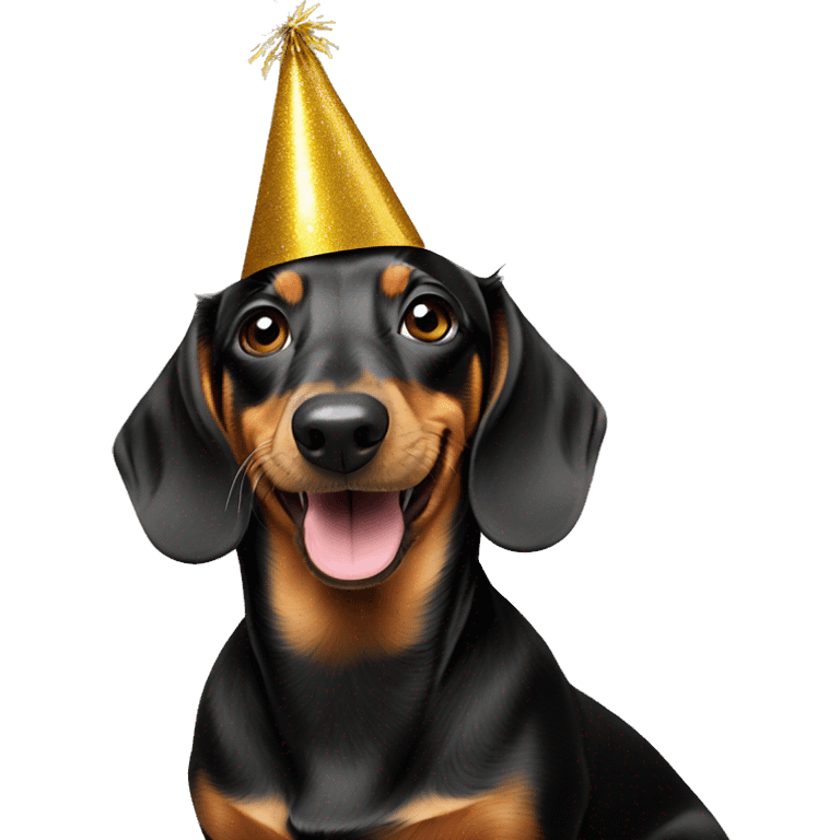 Dachshund wearing New Year's Eve black and Gold party hat emoji