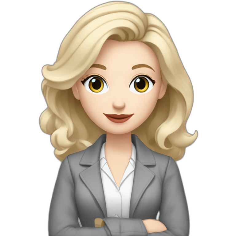 pale skin woman interior designer with cold blonde middle length hair, blue eyes, White blouse, Gray oversize jacket, Gray skirt holding a color palette in the hands emoji