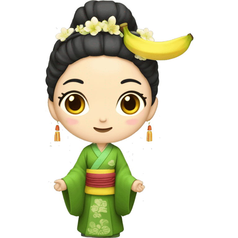 Beautiful woman, yellow skin, Hanfu headdress, wearing green clothes, holding a banana fan emoji