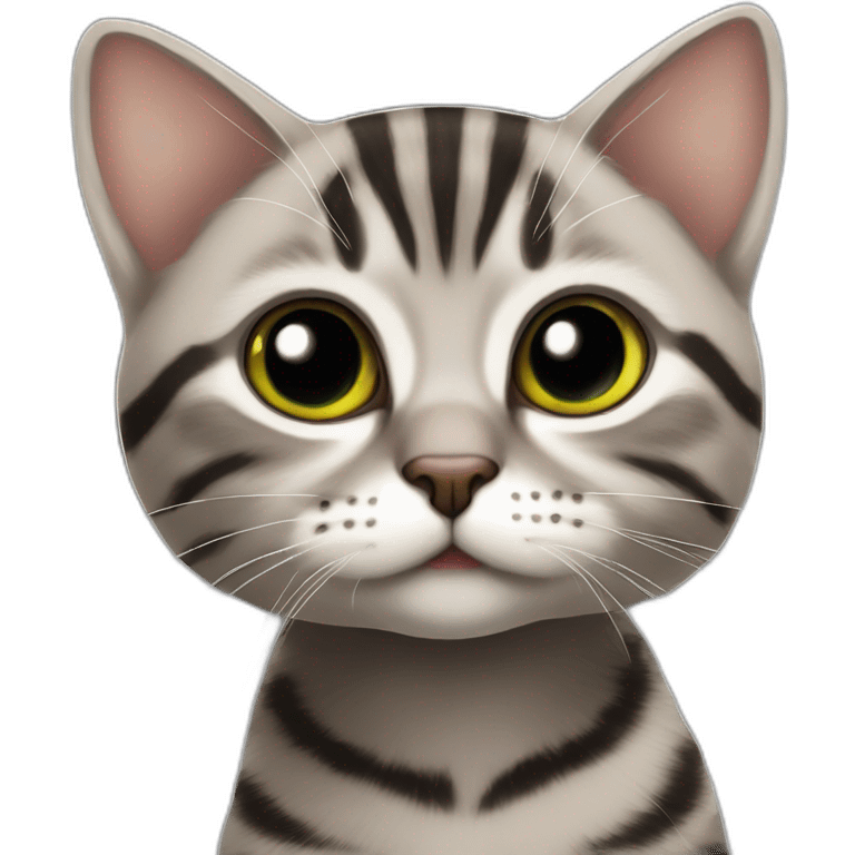  brown-grey cat with black striped pattern, age 4-5 months, eyes yellow-green, emoji