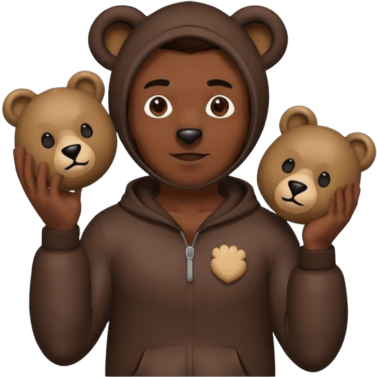 black man wearing a bear costume holding the mask in his hands emoji