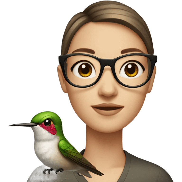 Girl pale , brunette, with short hair, wearing glasses with a hummingbird next to her emoji