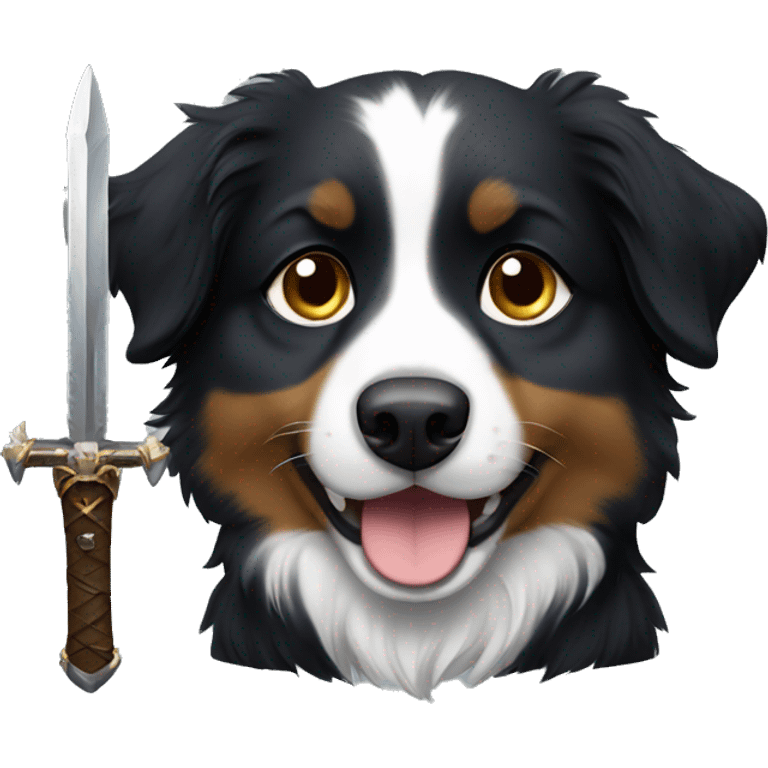 Small black australian shepherd dog with a sword emoji