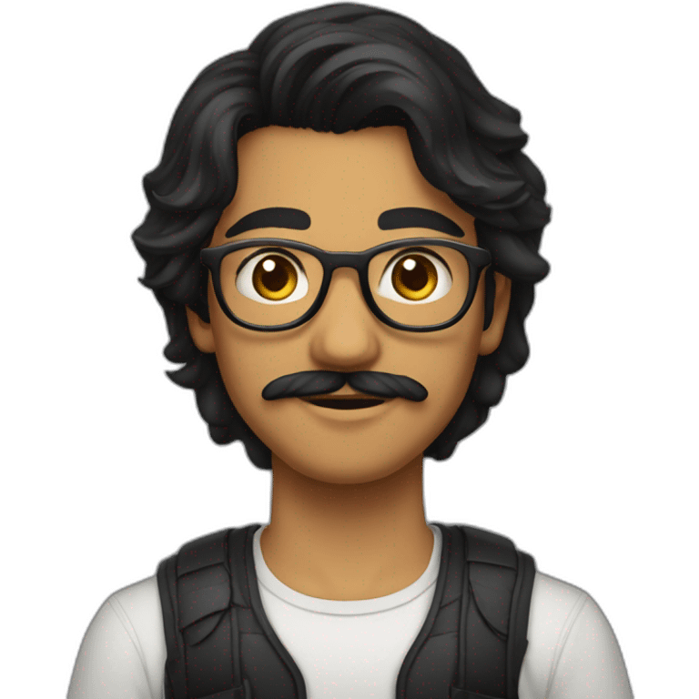 Indian teenager, with moustache and a goatee, with long wavy black hair,jawline, wearing glasses emoji