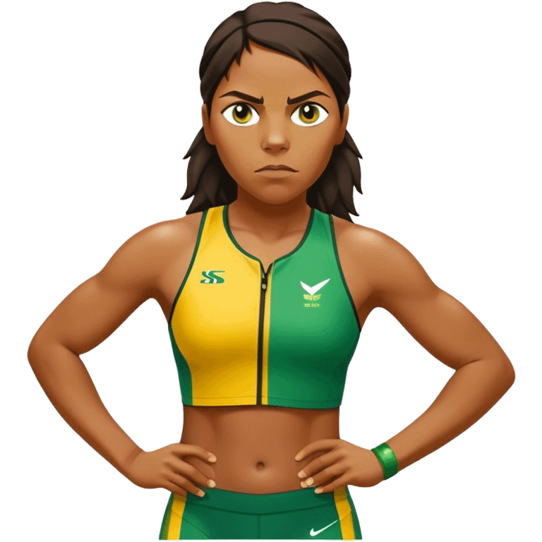 Cinematic Realistic portrait of Cathy Freeman, shown as an iconic Australian sprinter with a focused, determined expression and modern athletic yellow and green attire accented with subtle native motifs, rendered in dynamic, vibrant lighting emoji