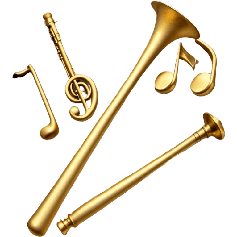 Create an elegant and artistic emoji that represents music arrangement and orchestration. The design should feature a conductor's baton, musical scores, and various orchestral instruments (drums, violin, trumpet, electric guitar, synthesizer). Incorporate flowing lines to represent harmony and orchestral balance, along with a subtle representation of sheet music. Use rich, classical colors like gold, silver, or deep blue, and create an atmosphere of sophistication and precision. The background should be transparent. emoji