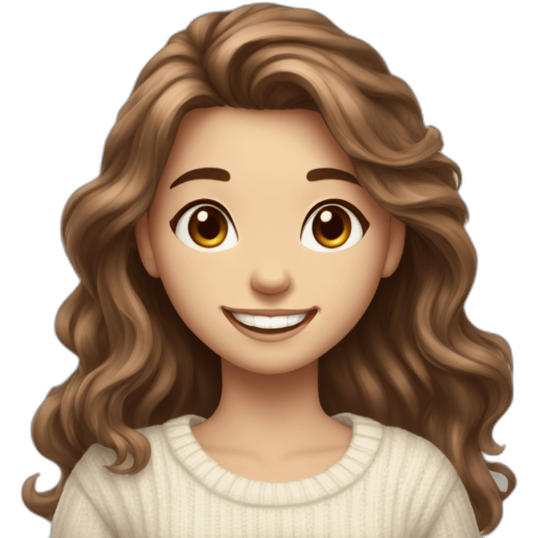 beautiful girl, white, with long loose wavy hair, brown hair, brown eyes, smiling, good teeth, white sweater, she waves her hand, realistic drawing emoji