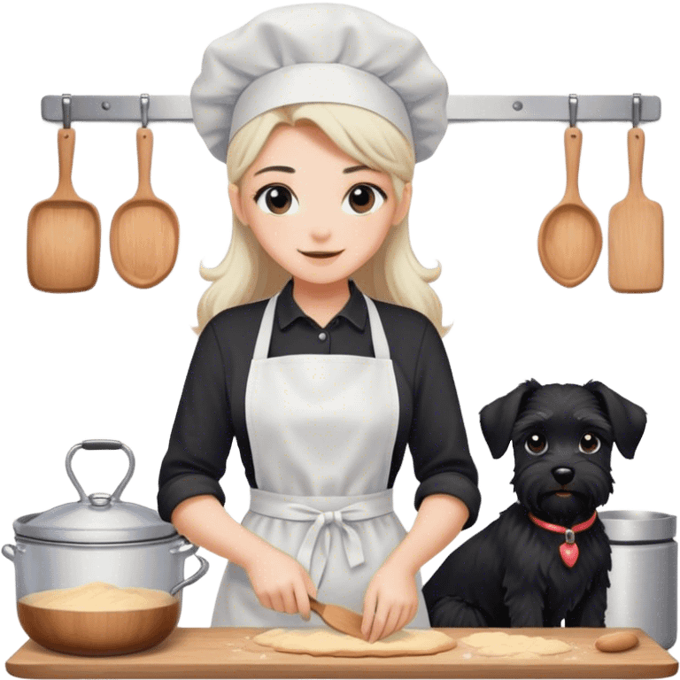 pale smiling girl baking with long back hair wearing black long shirt wearing apron holding black  schnauzer emoji