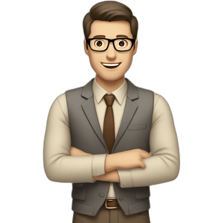 To belt Actively gesturing with hands Pale skinned fit man teacher with dark brown hair in gray jacket, beige office shirt, brown tie, brown pants and vintage glasses. emoji