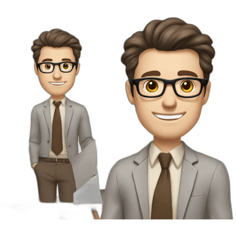 Pale skinned fit man with dark brown hair in gray jacket, beige office shirt, brown tie, brown pants and vintage glasses Writing on the flipchart emoji