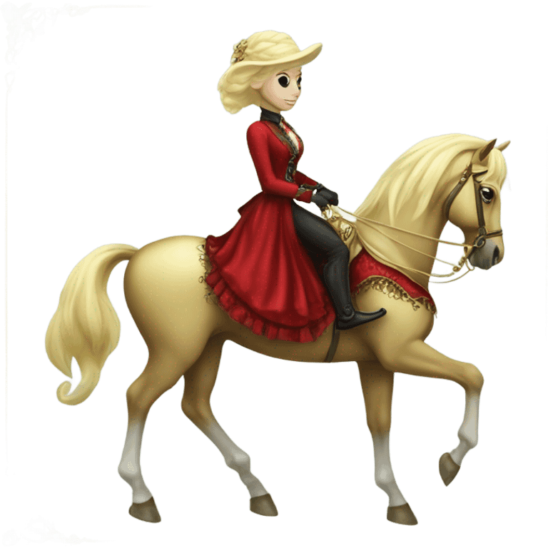 "galora green blonde alien woman" in red Victorian elegant dress, full body, rides "horse gold and white"
 emoji