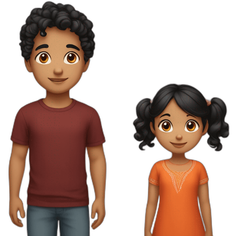 smiling 3 years old indian girl with black curly hair in pigtails wearing a orange dress with a smiling 3 years old white skin indian boy with straight black hair wearing a dark red sweater emoji