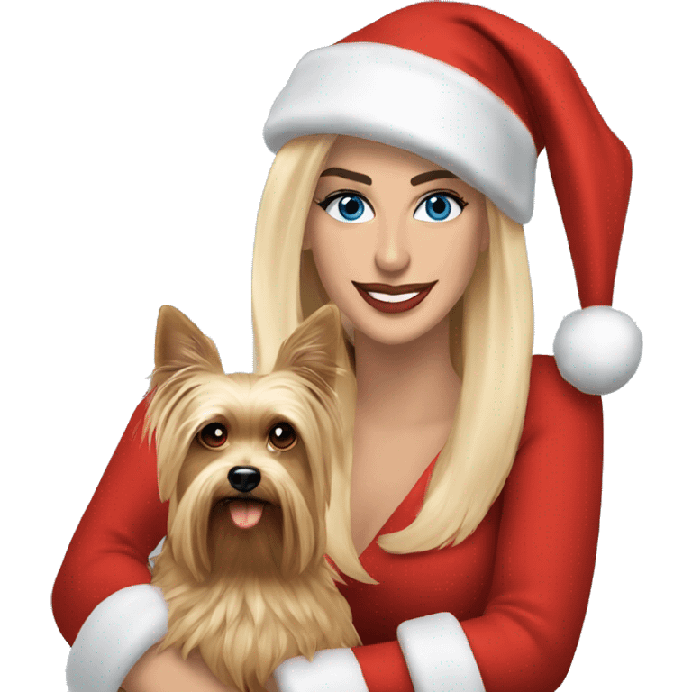 George Clooney & blonde woman blue eyes holding Yorkshire terrier wearing red santa hat emoji