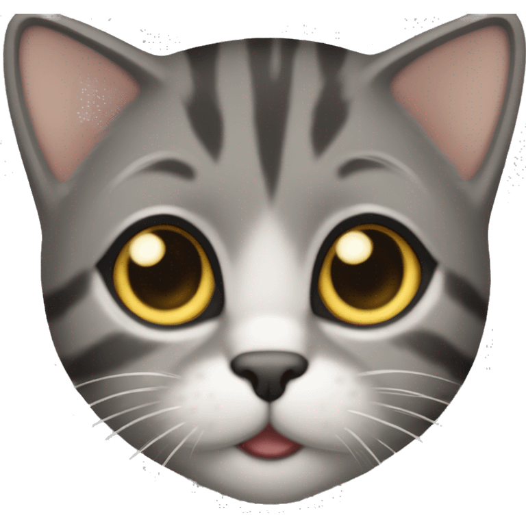 Female Tabby cat that’s black and grey with a little white under chin small and short hair and golden eyes  emoji