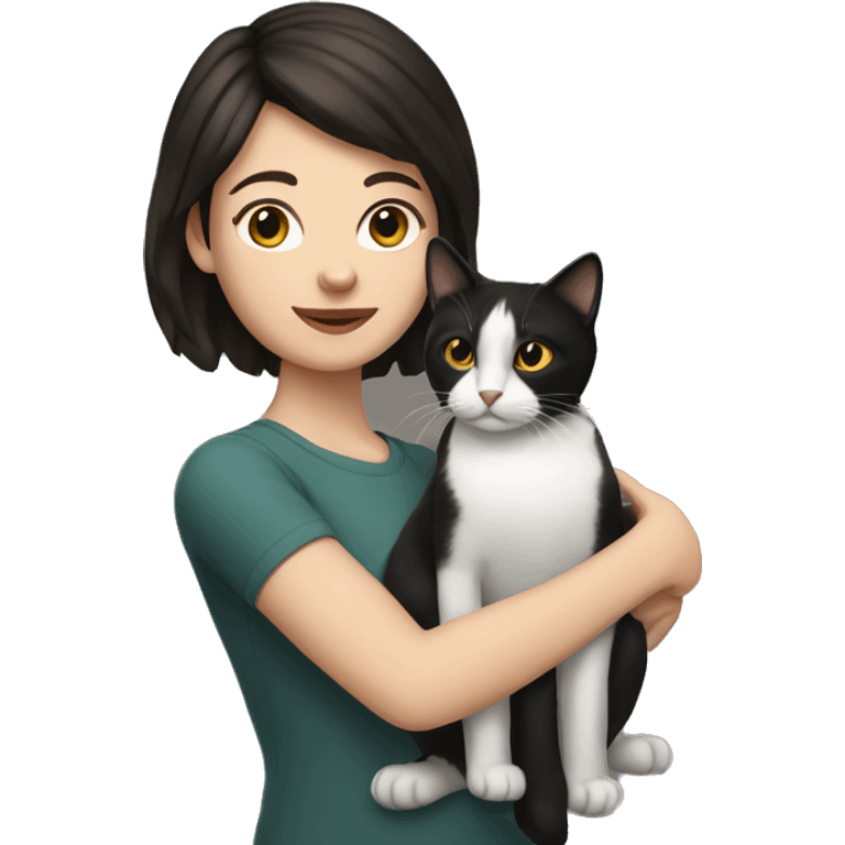 white woman with short dark brown hair holding one black and white cat emoji