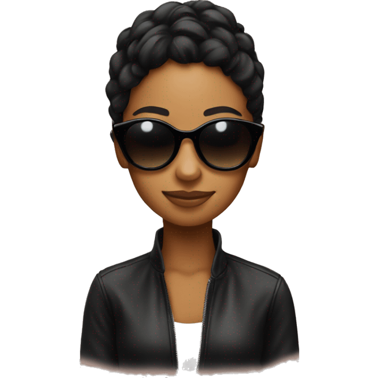 A young emoji behind a young woman wearing black sunglasses emoji