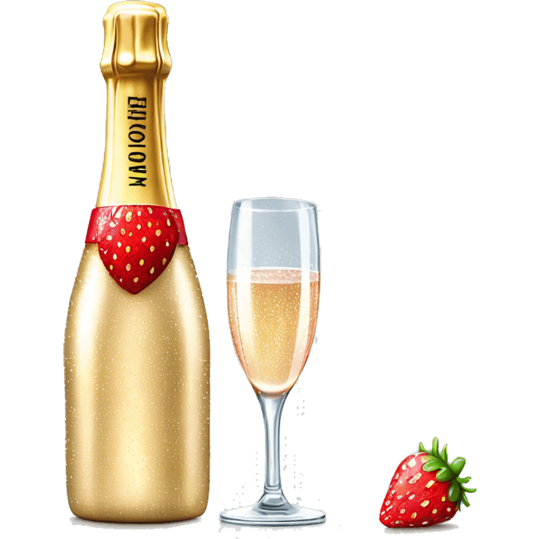 Realistic sparkling diamond glam bottle of champagne with matching skinny glass filled with the champagne with strawberry in the bottle of glass. emoji