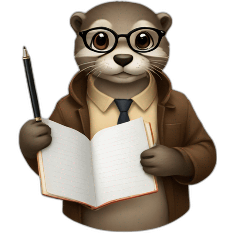 Otter with round glasses holding a couple journals and a pen emoji