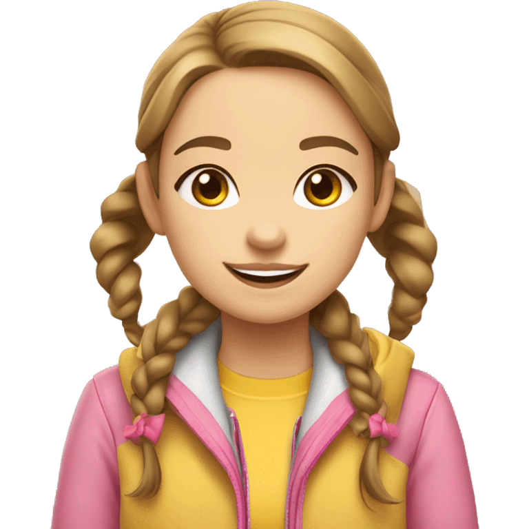 A girl with a smile, blue eyes, light skin, brown pigtails and two pink bows, in a yellow jacket emoji