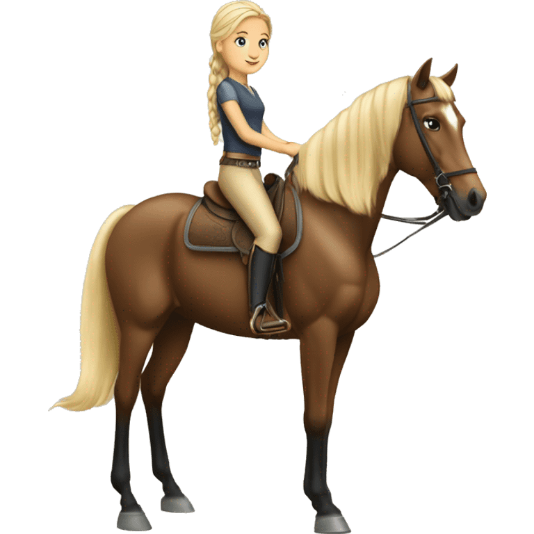 Blonde girl with braid on horseback dark bay horse emoji