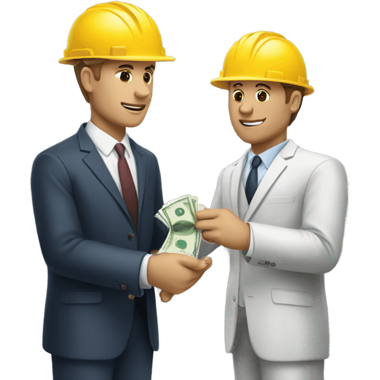 A construction worker giving money to another man in a suit.  The man on the left should have white skin and no hat.  emoji