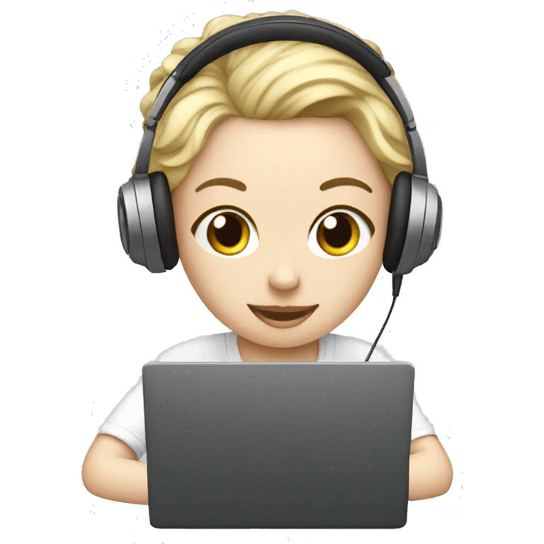 A white skinned person editing videos on laptop with headphones emoji